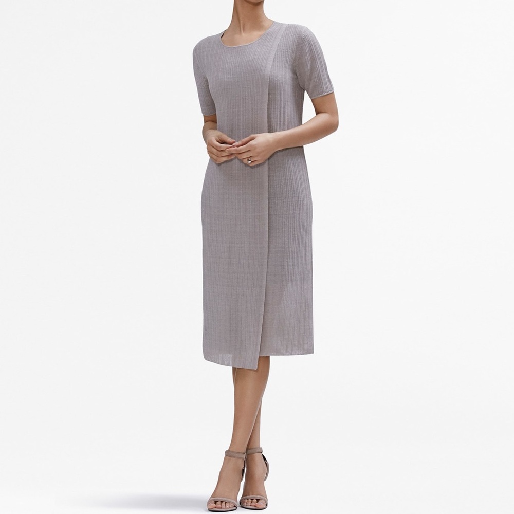 MM LaFleur AJ Dress Grey Linen Rib Knit Short Sleeve Midi Dress Front Slit Small